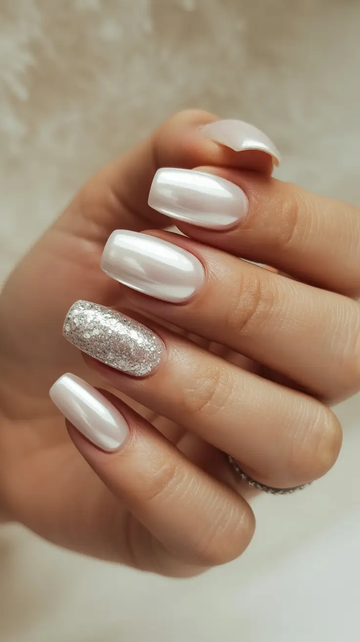 white nails ideas 2026 Pearl White With Silver Glitter Accent