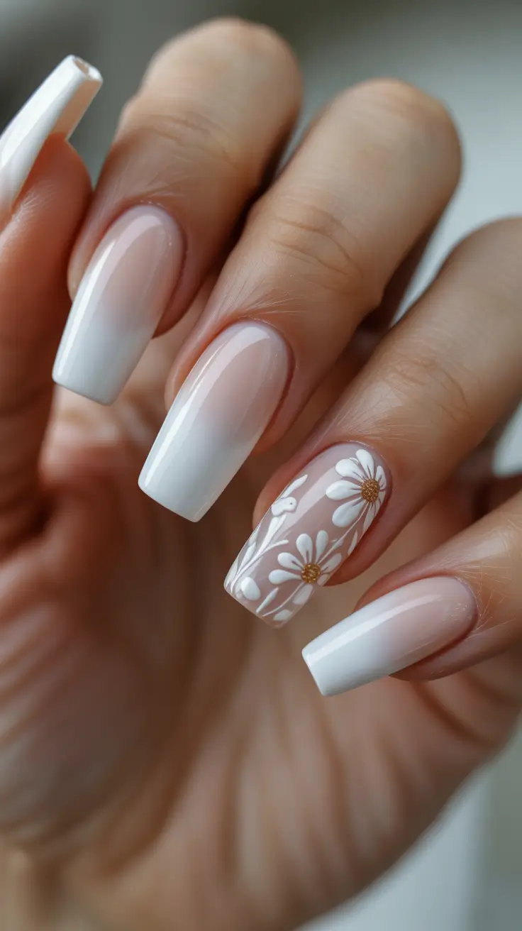 white nails ideas 2026 Long Ombre White With Daisy Accent Art