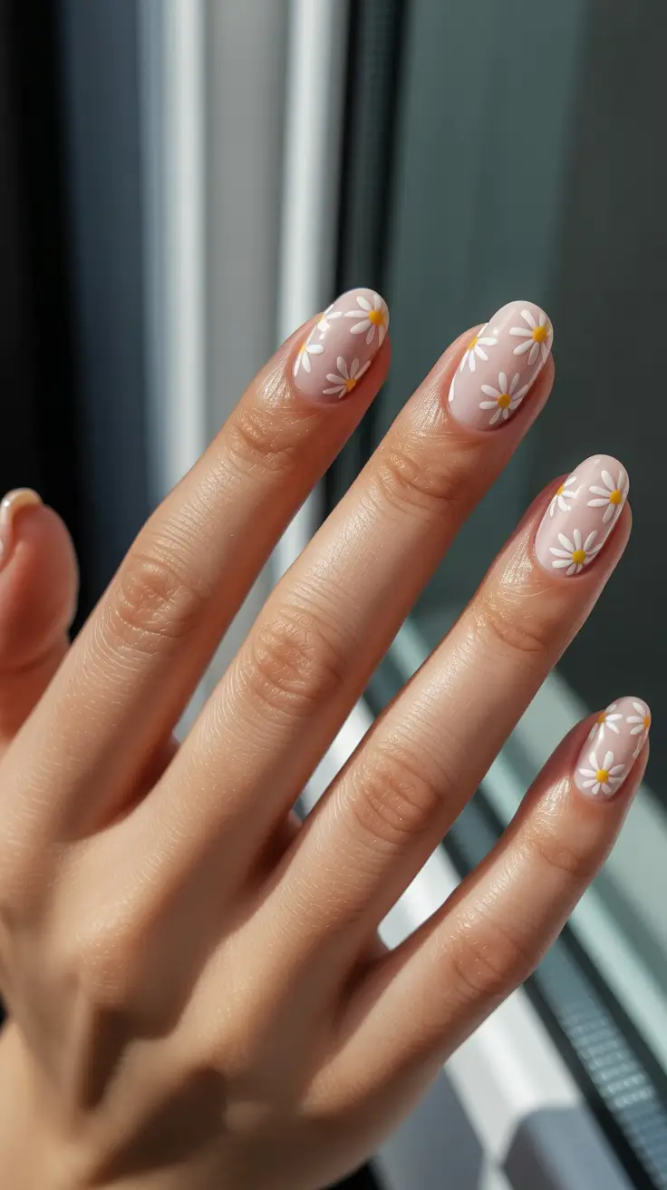 white nails ideas 2026 Short Nude With Tiny White Daisies