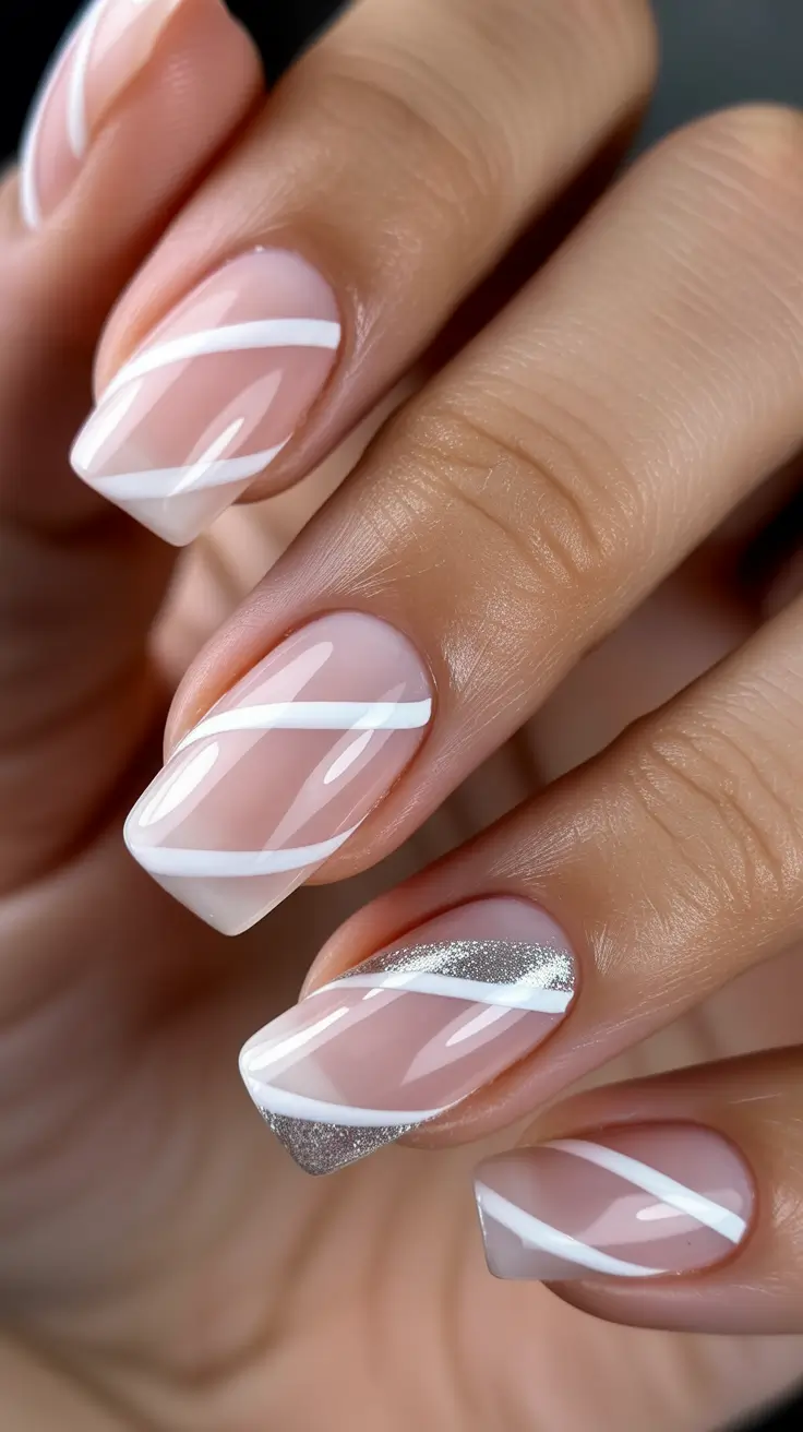 white nails ideas 2026 Diagonal French Lines With Silver Glitter Tips