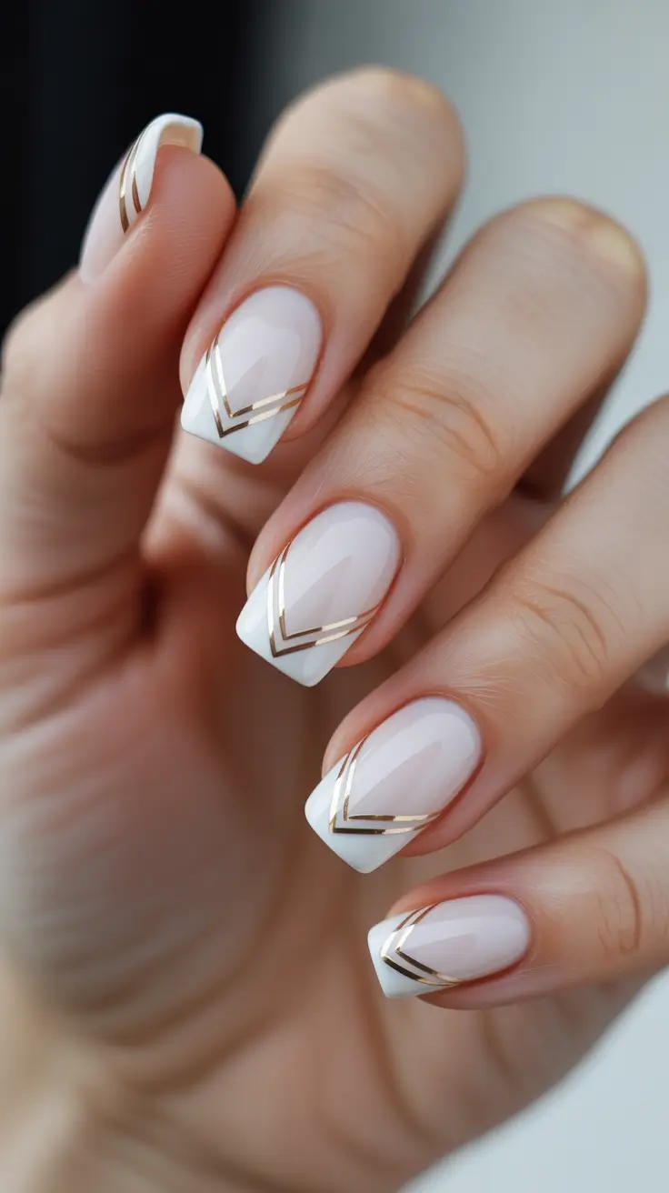 white nails ideas 2026 Gold Chevron French Tips With A Clean Glossy Finish