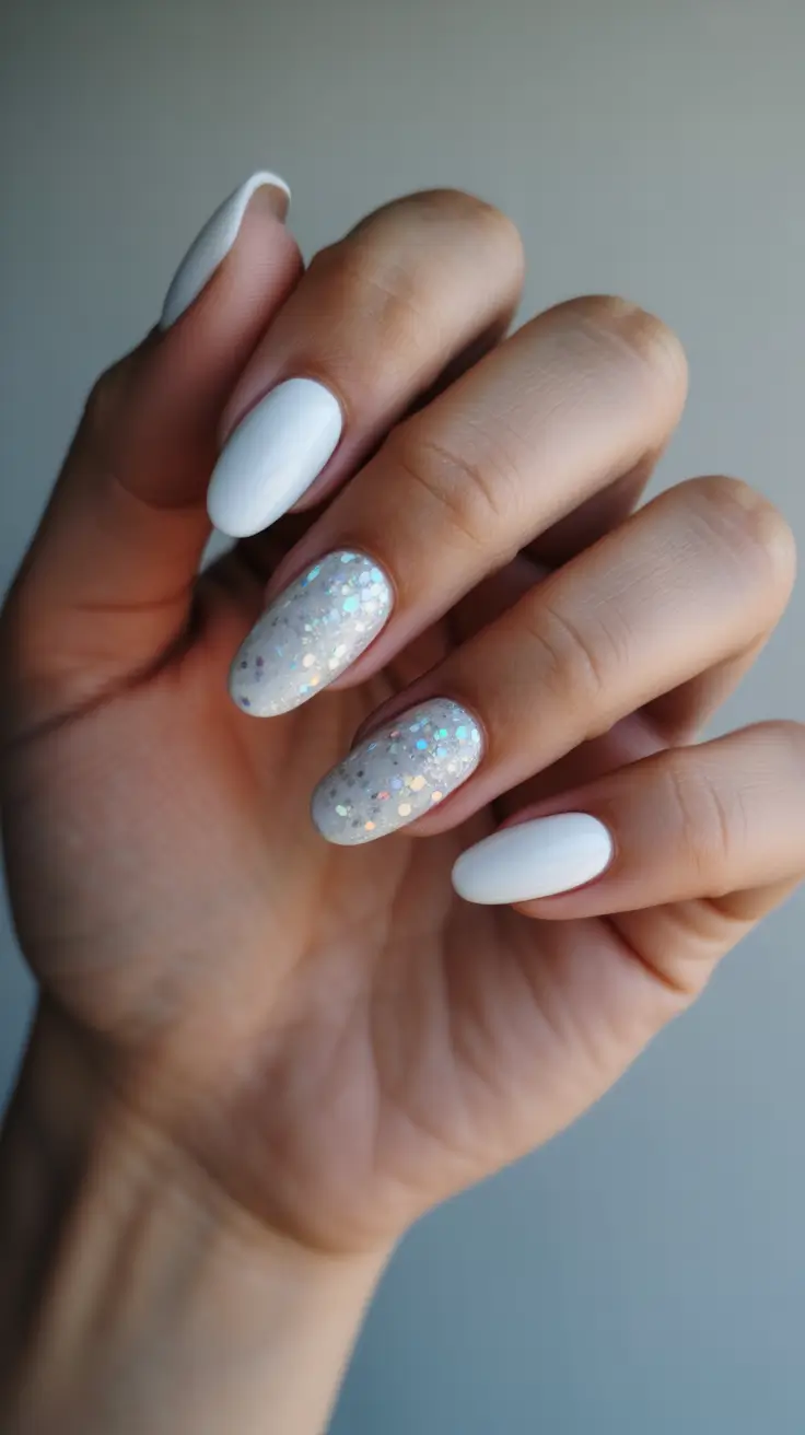 white nails ideas 2026 Soft White Nails With Iridescent Glitter Accent Glow