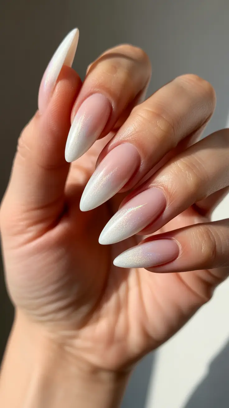 white nails ideas 2026 Milky Ombre Almond Nails With A Pearly Sheen