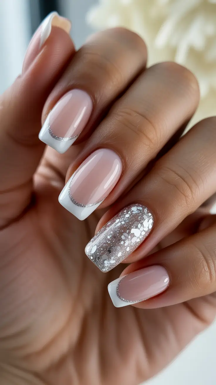 white nails ideas 2026 Classic French Square With Silver Glitter Detail