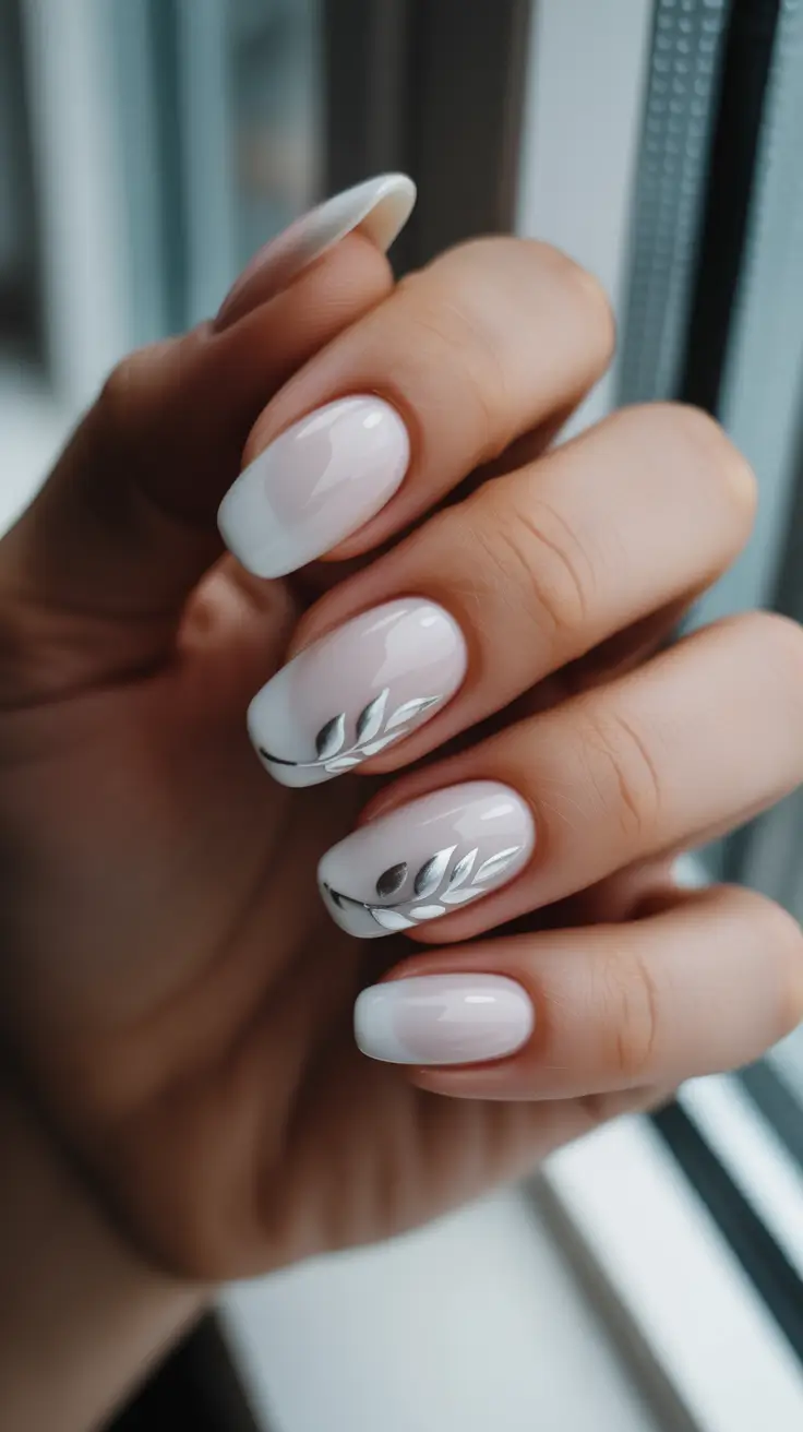 white nails ideas 2026 Minimal Leaf Line Art On Milky White Nails