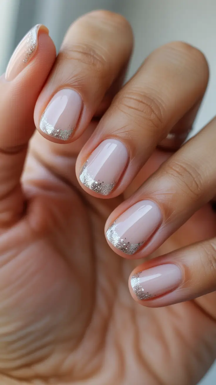 white nails ideas 2026 Short Milky Nails With Micro Silver Glitter Tips