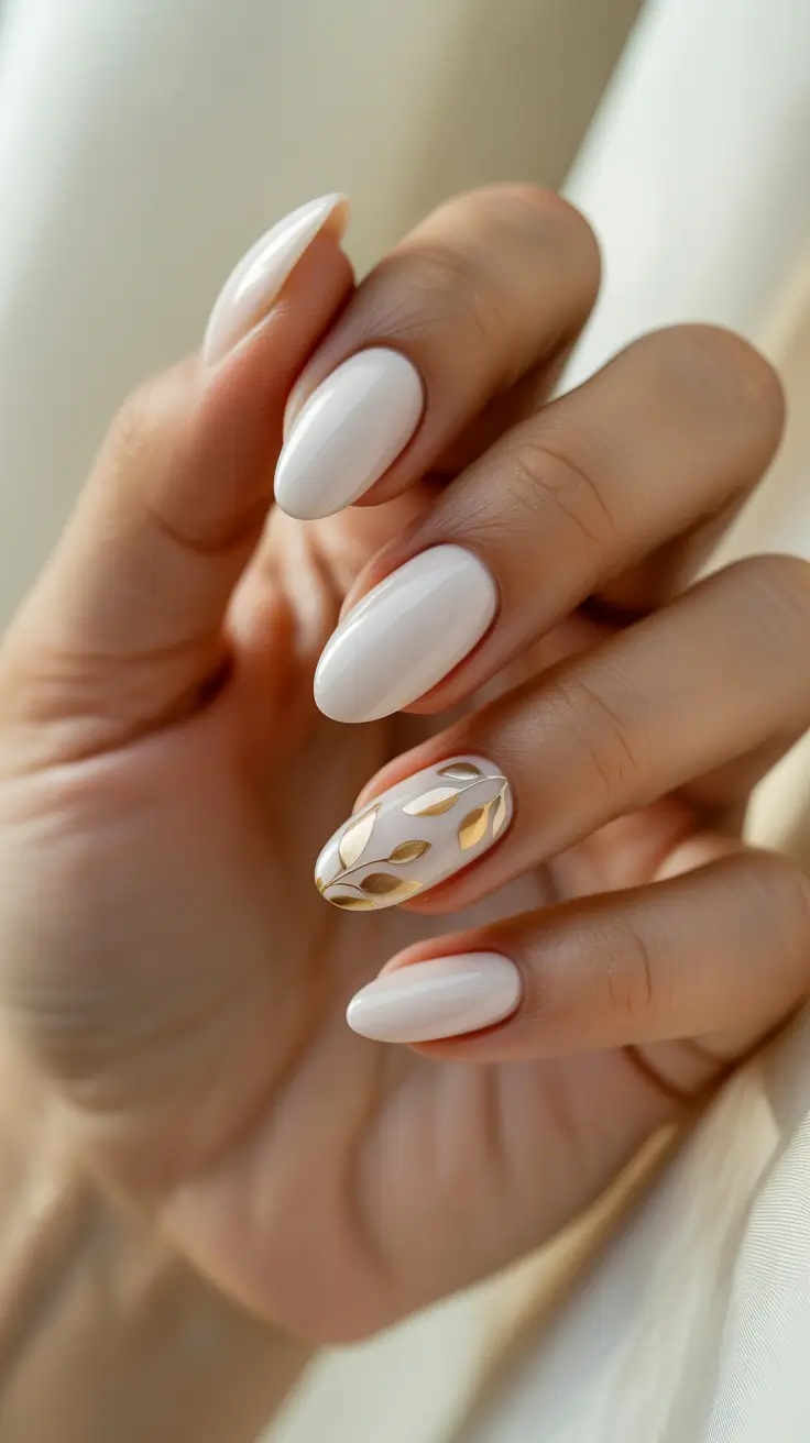 white nails ideas 2026 Glossy White Almond Nails With Gold Leaf Accent