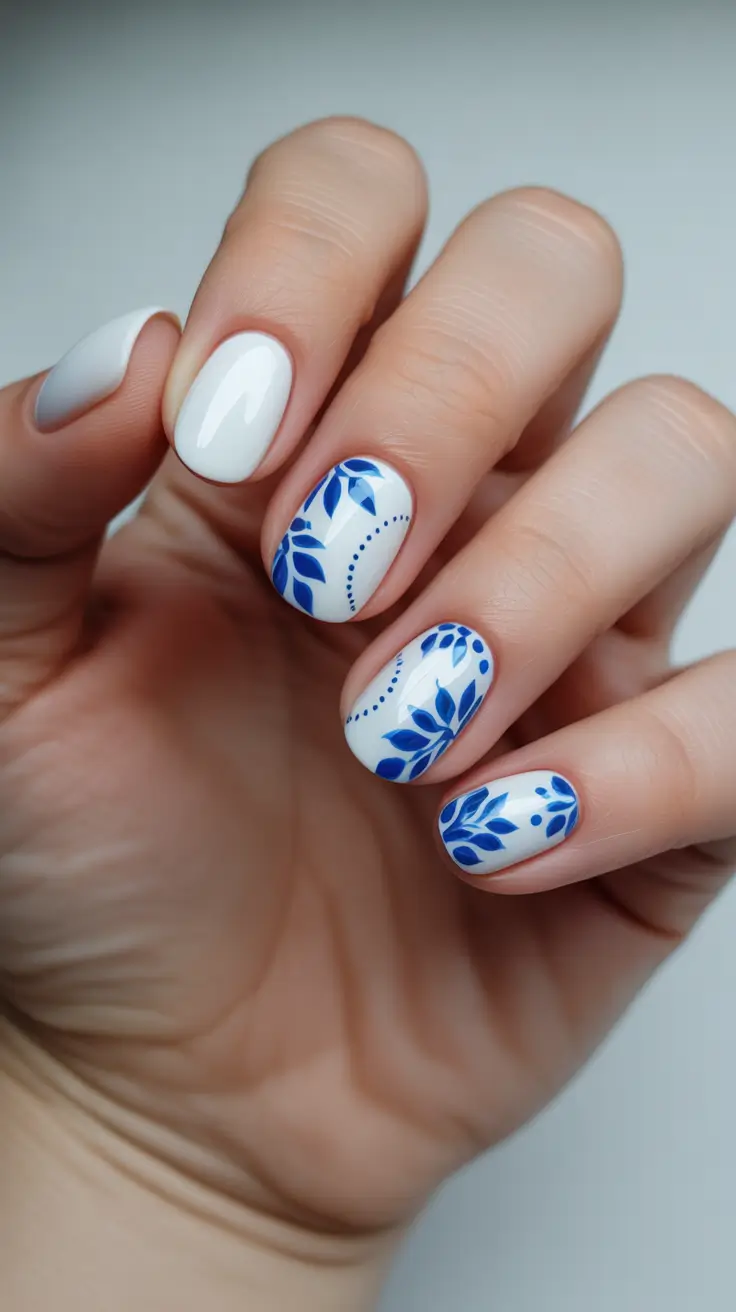 white nails ideas 2026 Cobalt Botanical Tiles On Glossy White