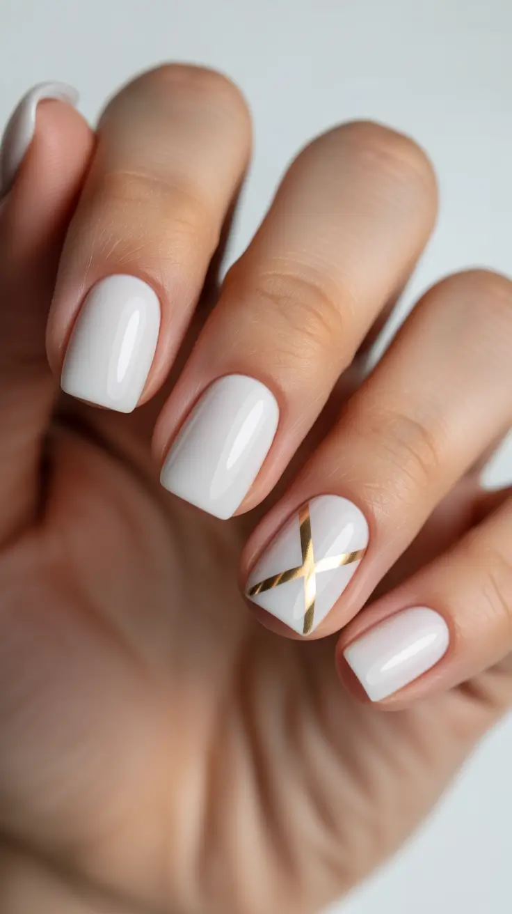 white nails ideas 2026 Milky White With Gold Ribbon Cross