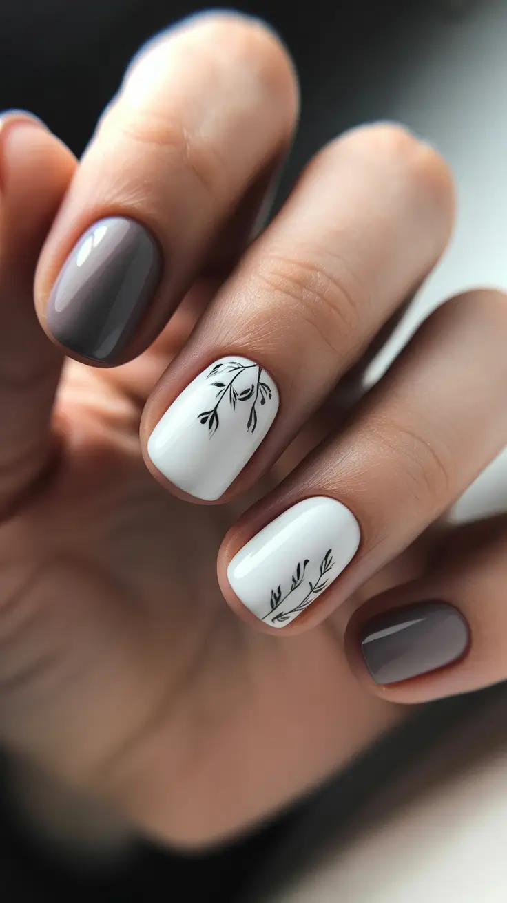white nails ideas 2026 Graphite And White Botanical Nails With Clean Contrast