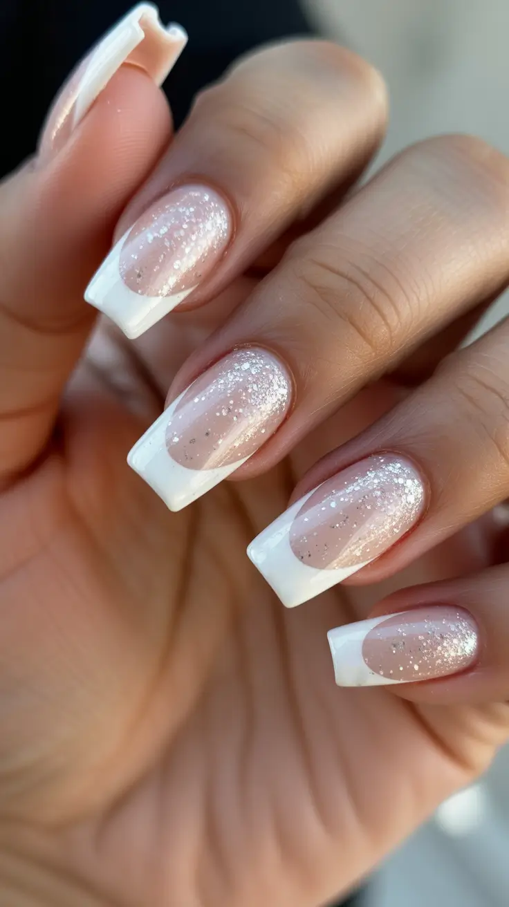 white nails ideas 2026 Glitter French Square Tips That Catch The Light