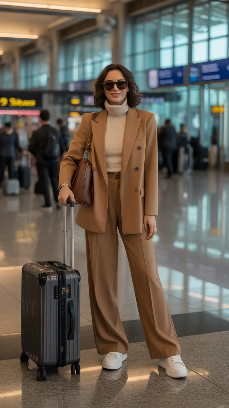 trendy airport spring outfits 2026 + Camel Suiting With Sneakers For Polished Ease