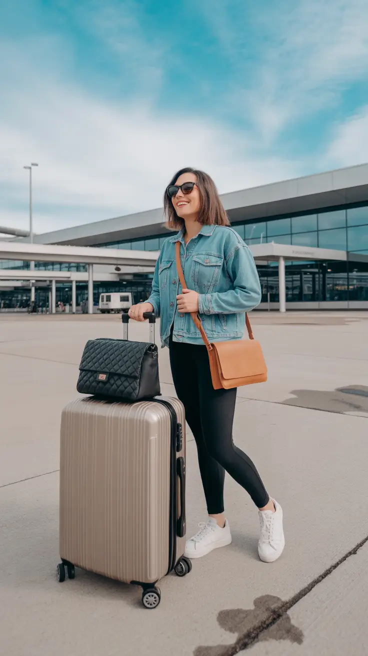 trendy airport spring outfits 2026 + Denim Jacket And Leggings For Easy Spring Movement