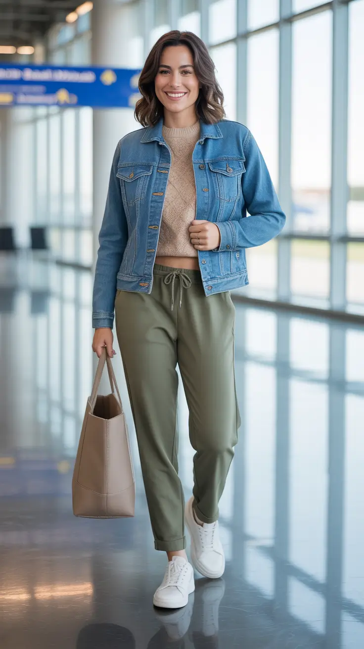 trendy airport spring outfits 2026 + Denim Jacket And Knit Top With Olive Joggers