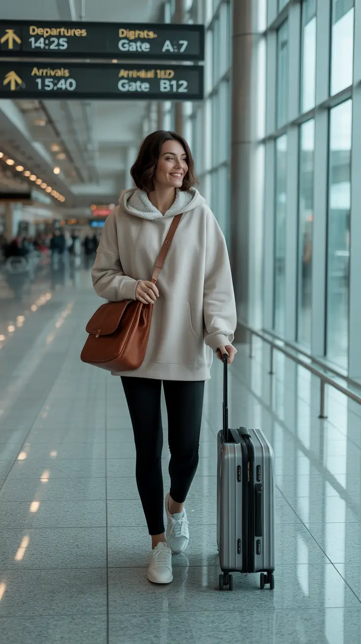 trendy airport spring outfits 2026 + Oversized Hoodie And Leggings For A Calm, Cozy Terminal Day