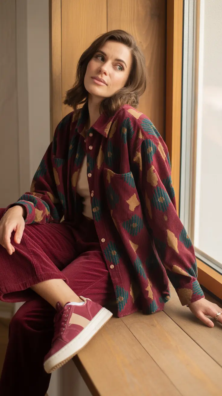 cold spring outfit aesthetic 2026 + Window-Ledge Corduroy Set With Retro Sneakers