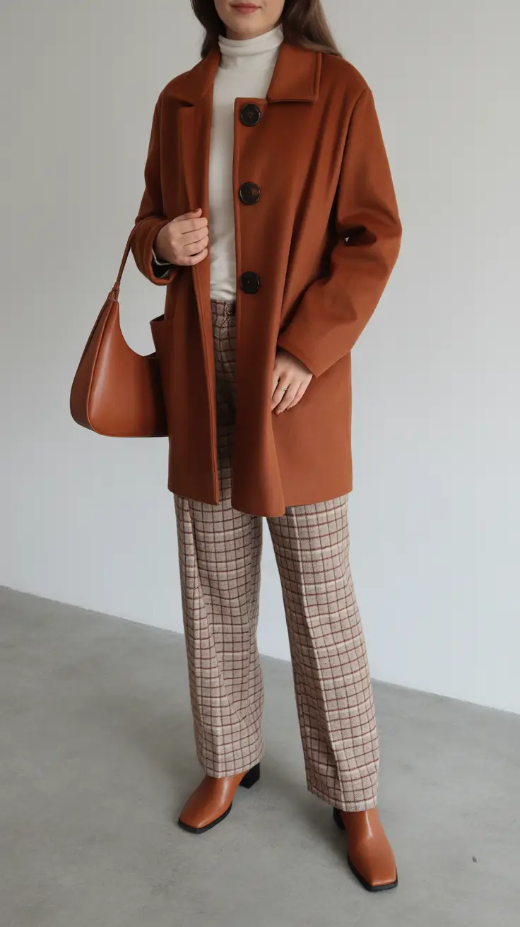 cold spring outfit aesthetic 2026 + Cinnamon Coat And Plaid Trousers For Office Days