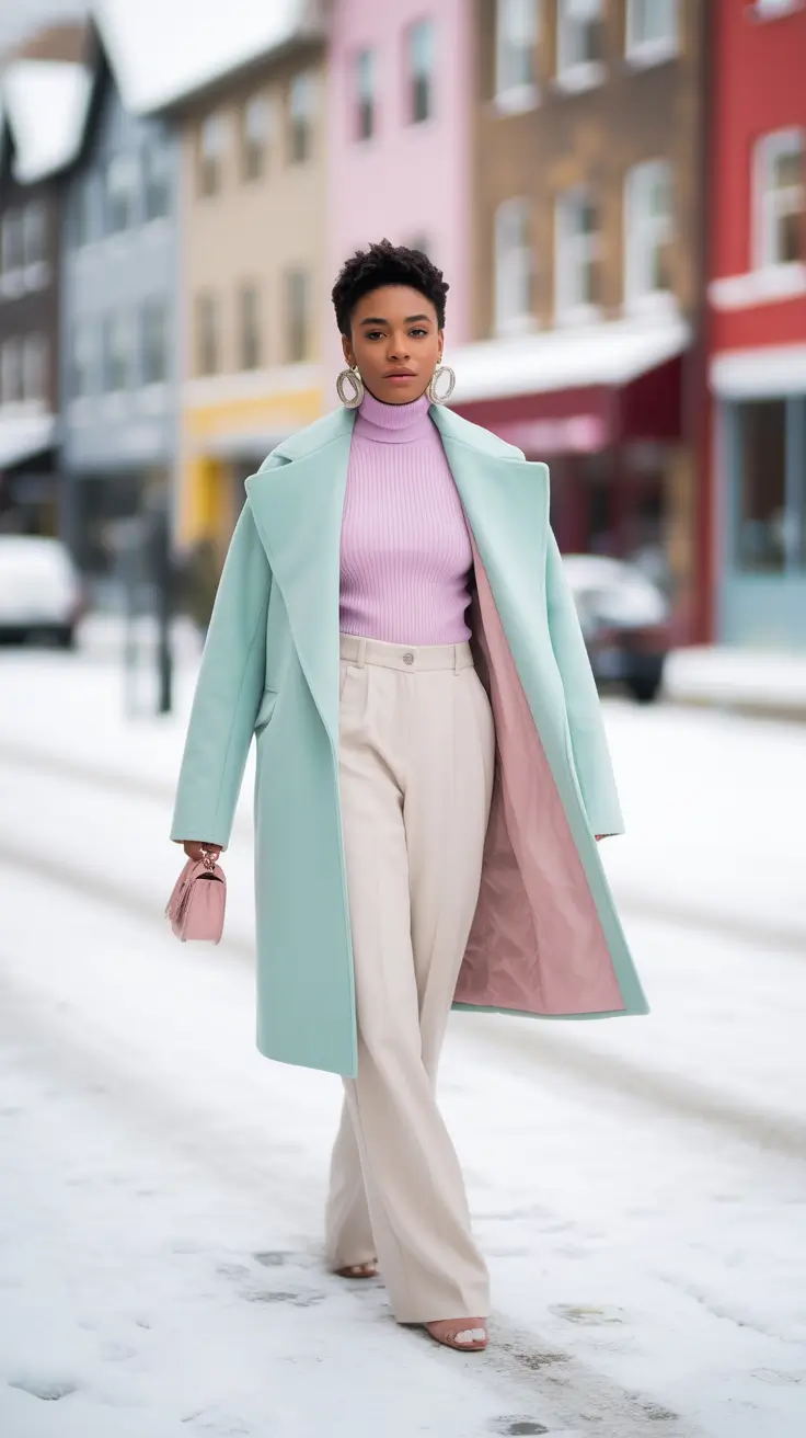 cold spring outfit aesthetic 2026 + Mint Coat And Lilac Knit For Snowy Spring Streets