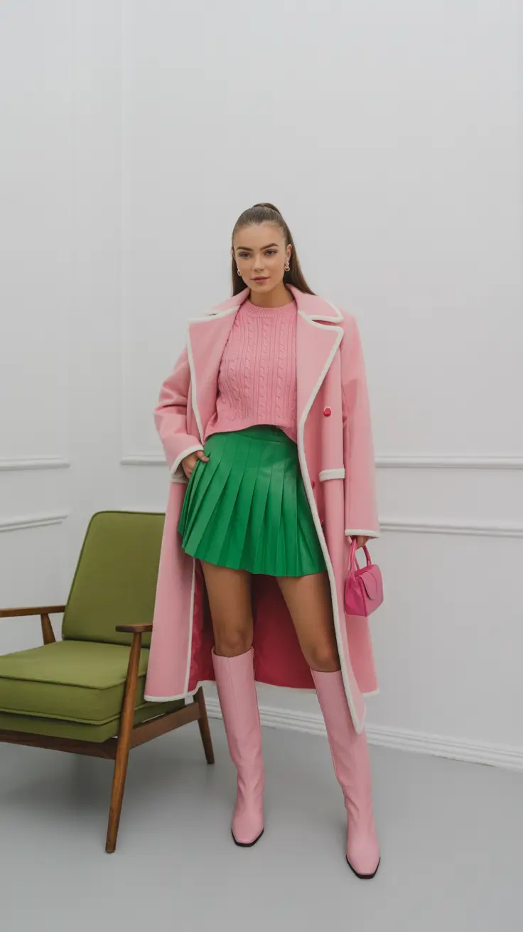 cold spring outfit aesthetic 2026 Pink Coat Energy With A Pleated Mini Moment