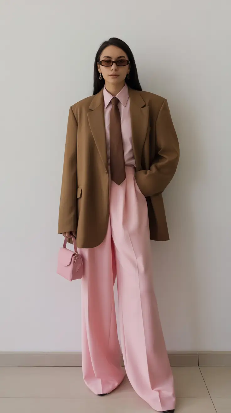 cold spring outfit aesthetic 2026 Soft Power Suiting With Pink Trousers And A Tie