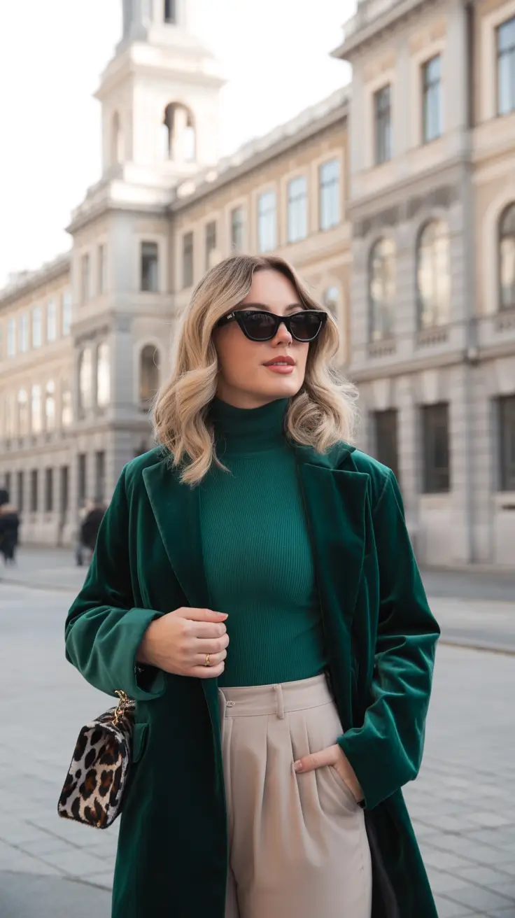 cold spring outfit aesthetic 2026 Emerald Velvet Coat With Cream Tailoring