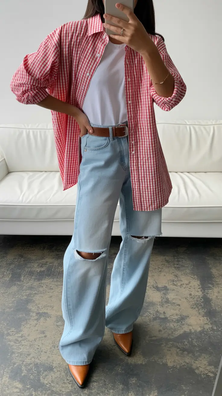 cold spring outfit aesthetic 2026 Brown Blazer With Statement Bow And Denim Balance