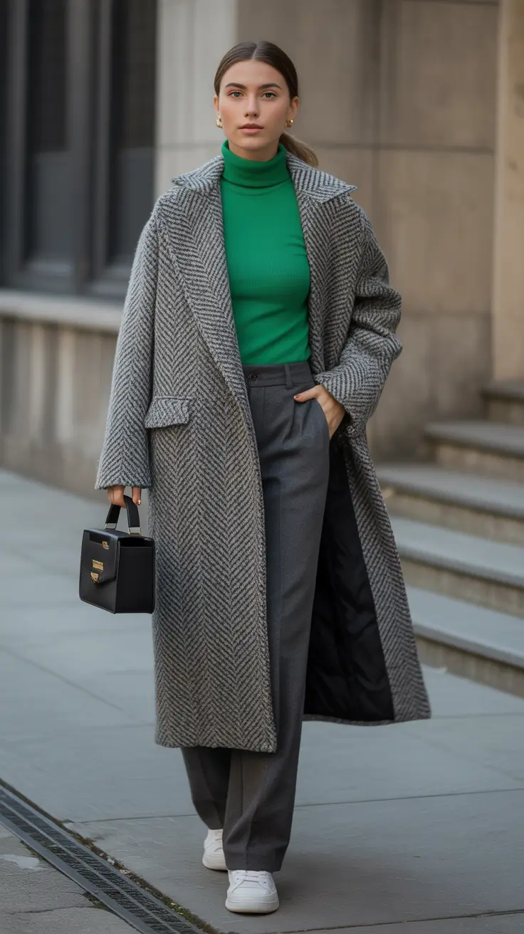 cold spring outfit aesthetic 2026 Green Pop Under A Classic Herringbone Coat