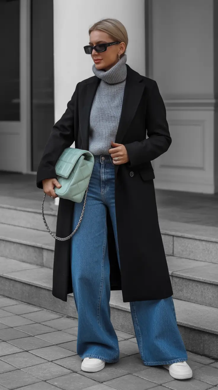 cold spring outfit aesthetic 2026 Black Coat And Grey Turtleneck With Wide-Leg Denim