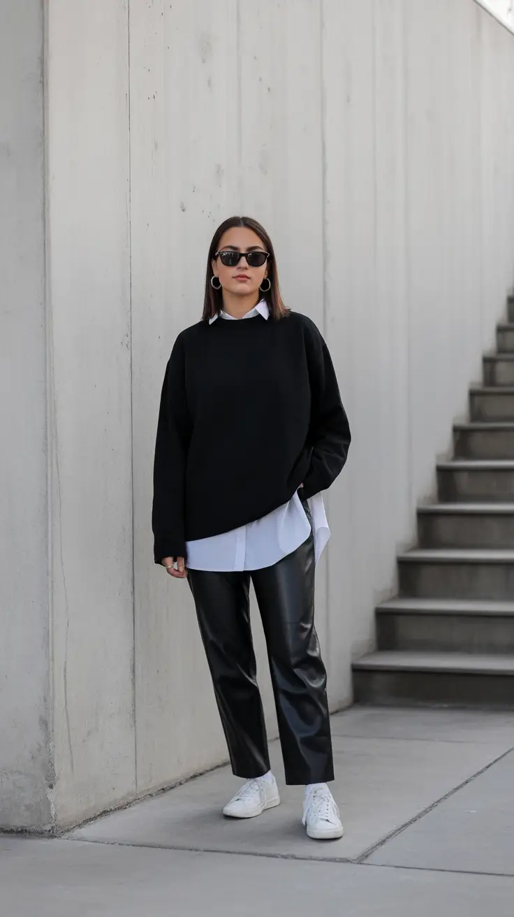 cold spring outfit aesthetic 2026 Minimal Layers With A Crisp Shirt And Leather Pants