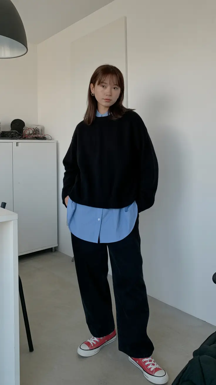 cold spring outfit aesthetic 2026 Soft Office-Core With A Blue Shirt And Red Sneakers