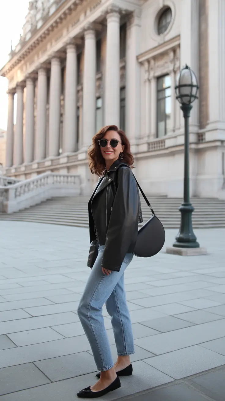 Trendy Every Day Spring Outfits 2026 - Leather Jacket And Straight Jeans For Cold Spring Mornings