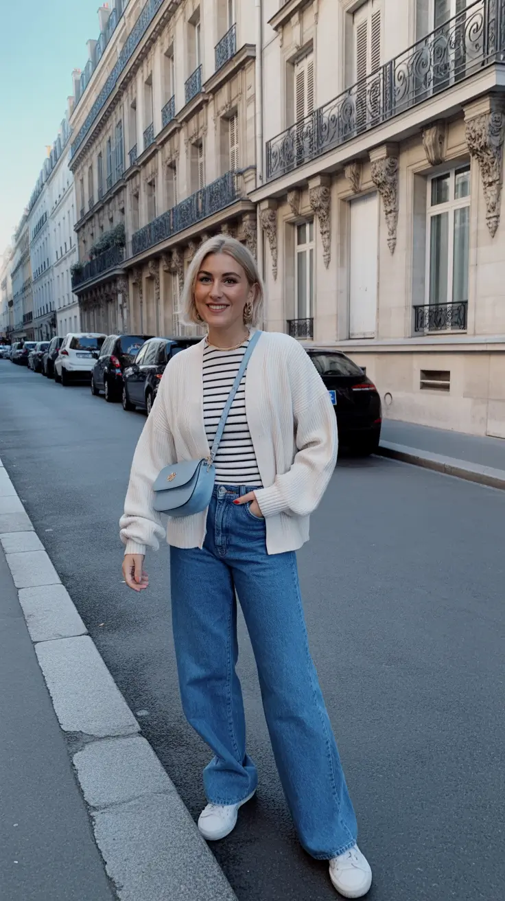 Trendy Every Day Spring Outfits 2026 - Paris Stripe And Cardigan Combo For Cloudy Day Strolls