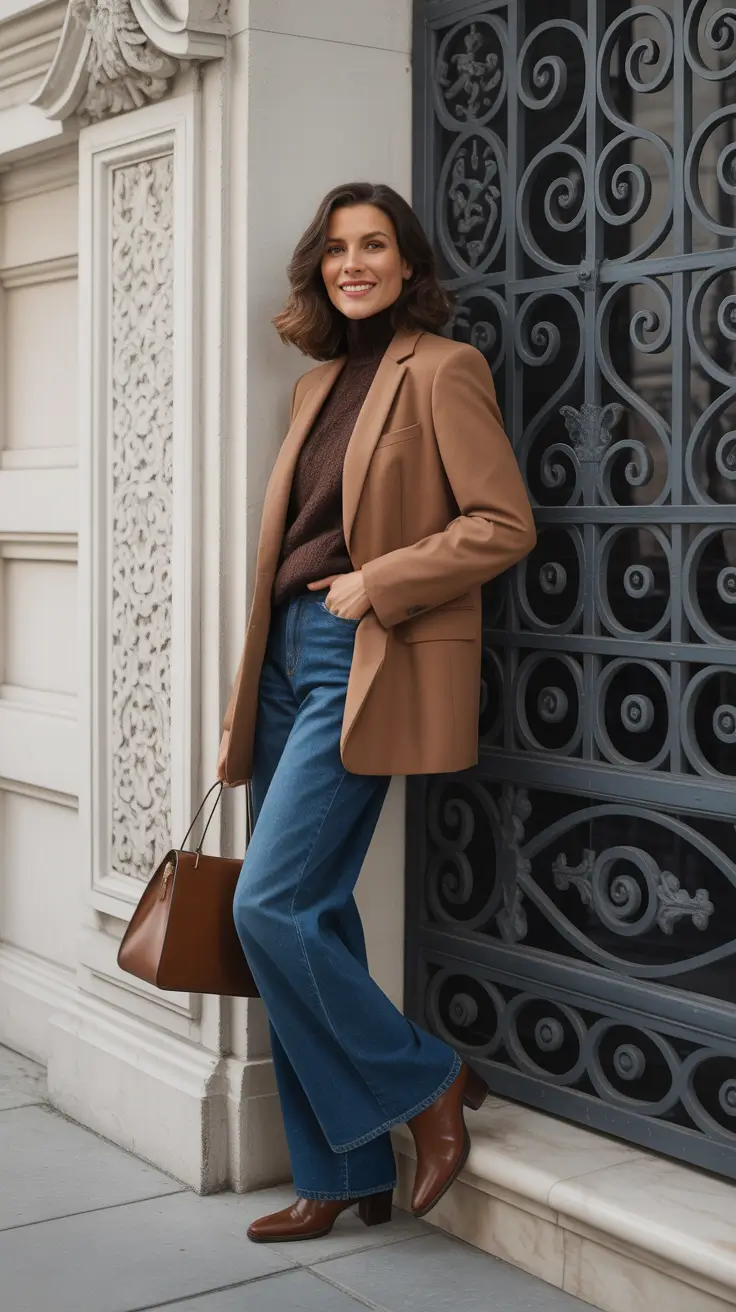 Trendy Every Day Spring Outfits 2026 - Camel Blazer And Chocolate Knit For Cold Spring Days