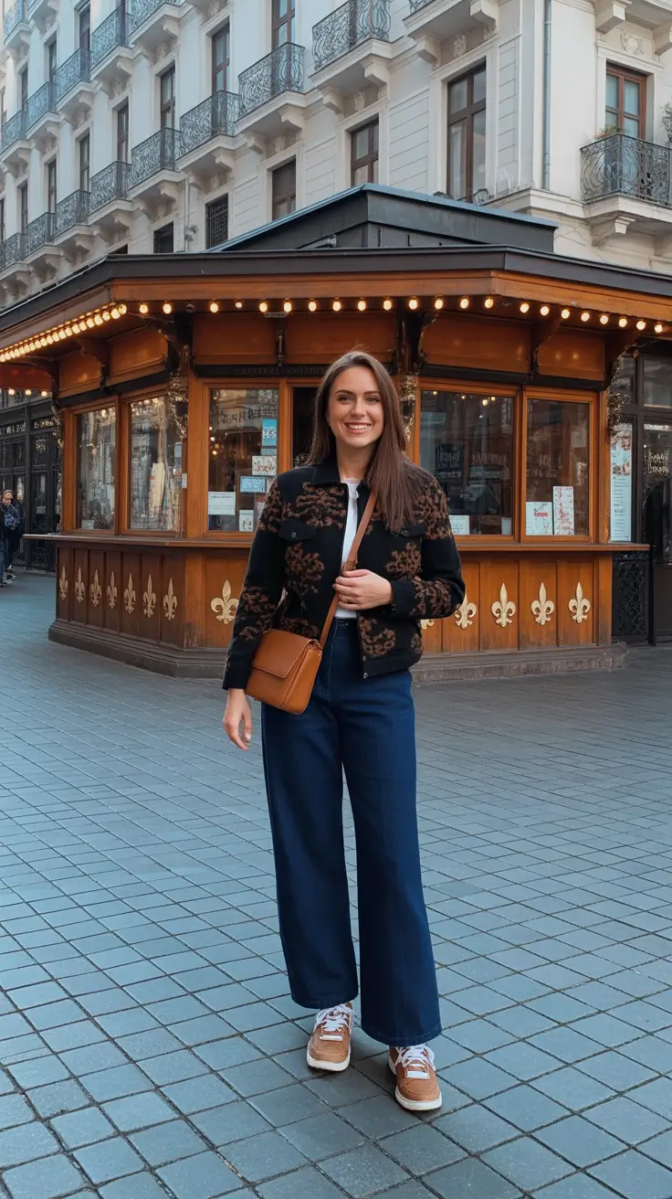 Trendy Every Day Spring Outfits 2026 - Patterned Jacket And Wide Leg Jeans For Cozy City Wanders