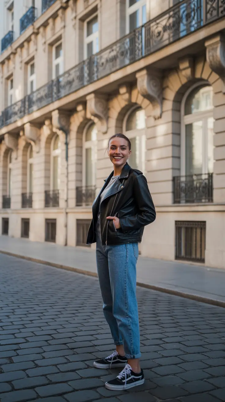 Trendy Every Day Spring Outfits 2026 - Leather Jacket And Cuffed Denim For Crisp Spring Streets