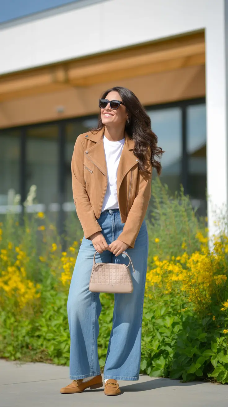 Trendy Every Day Spring Outfits 2026 - Tan Moto Jacket And Wide Leg Denim For Sunny Spring Plans
