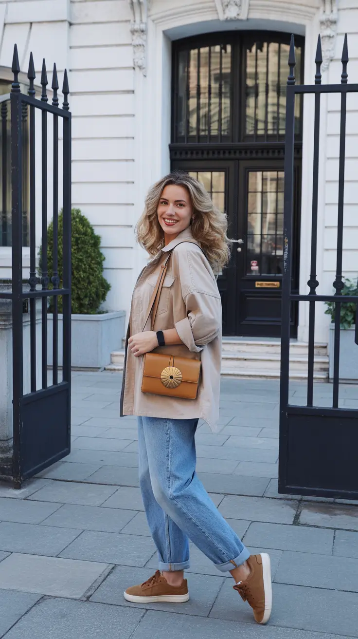 Trendy Every Day Spring Outfits 2026 - Beige Overshirt And Cuffed Denim For Easy Days