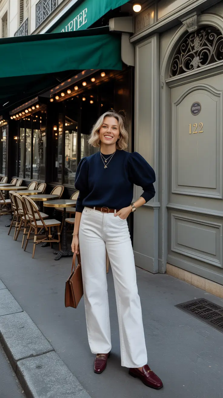 Trendy Every Day Spring Outfits 2026 - Navy Puff Sleeve Knit With Crisp White Denim