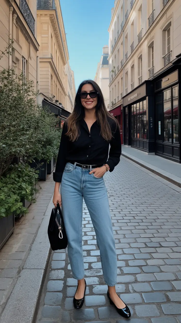 Trendy Every Day Spring Outfits 2026 - Black Button Down And Light Denim For Polished Minimalism