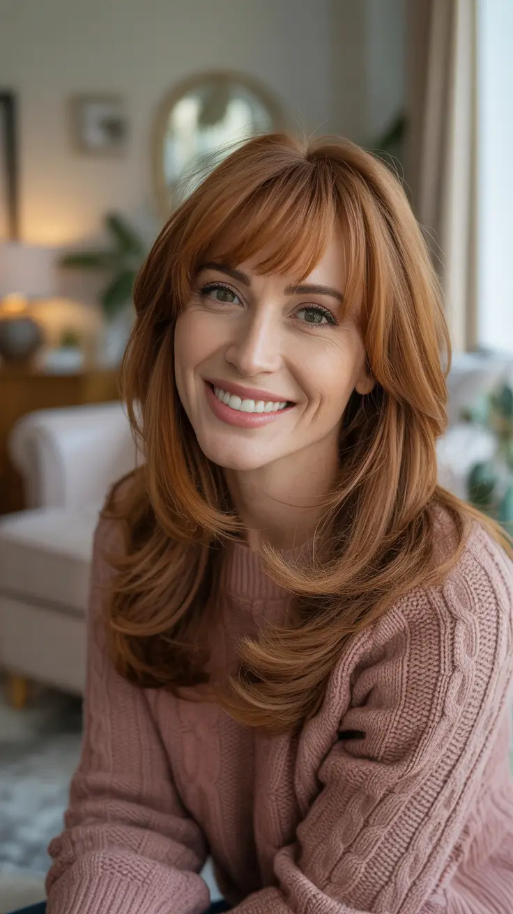 February Haircut Ideas 2026 - Copper Long Layers With Feathered Fringe