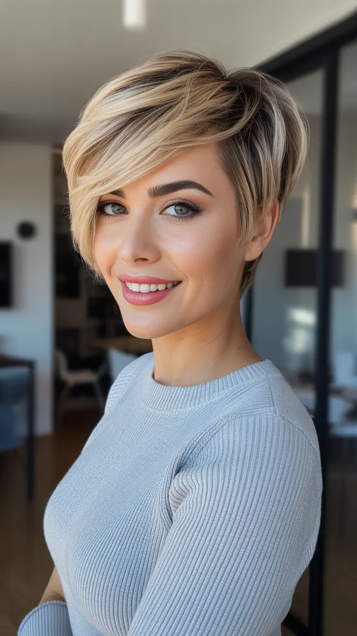 February Haircut Ideas 2026 - Side-Swept Pixie With Icy Blonde Contrast