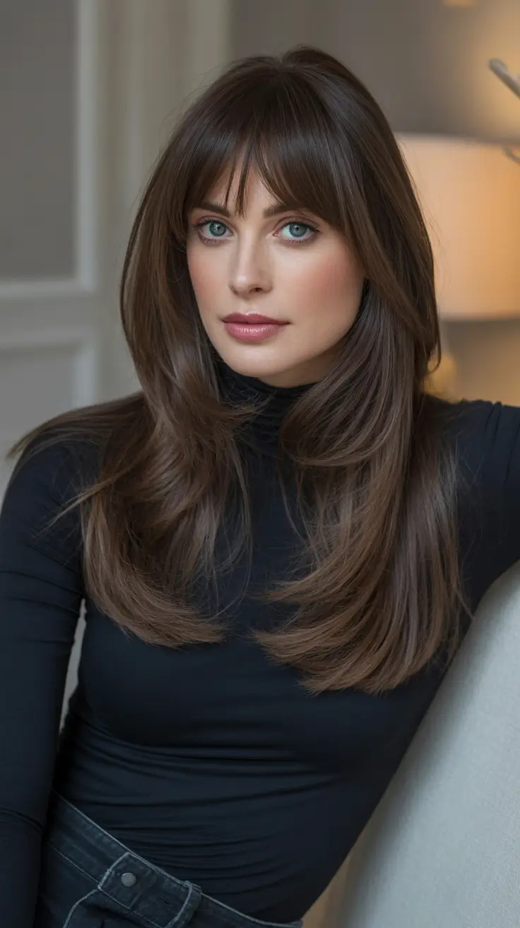February Haircut Ideas 2026 - Espresso Long Layered Blowout With Full Fringe