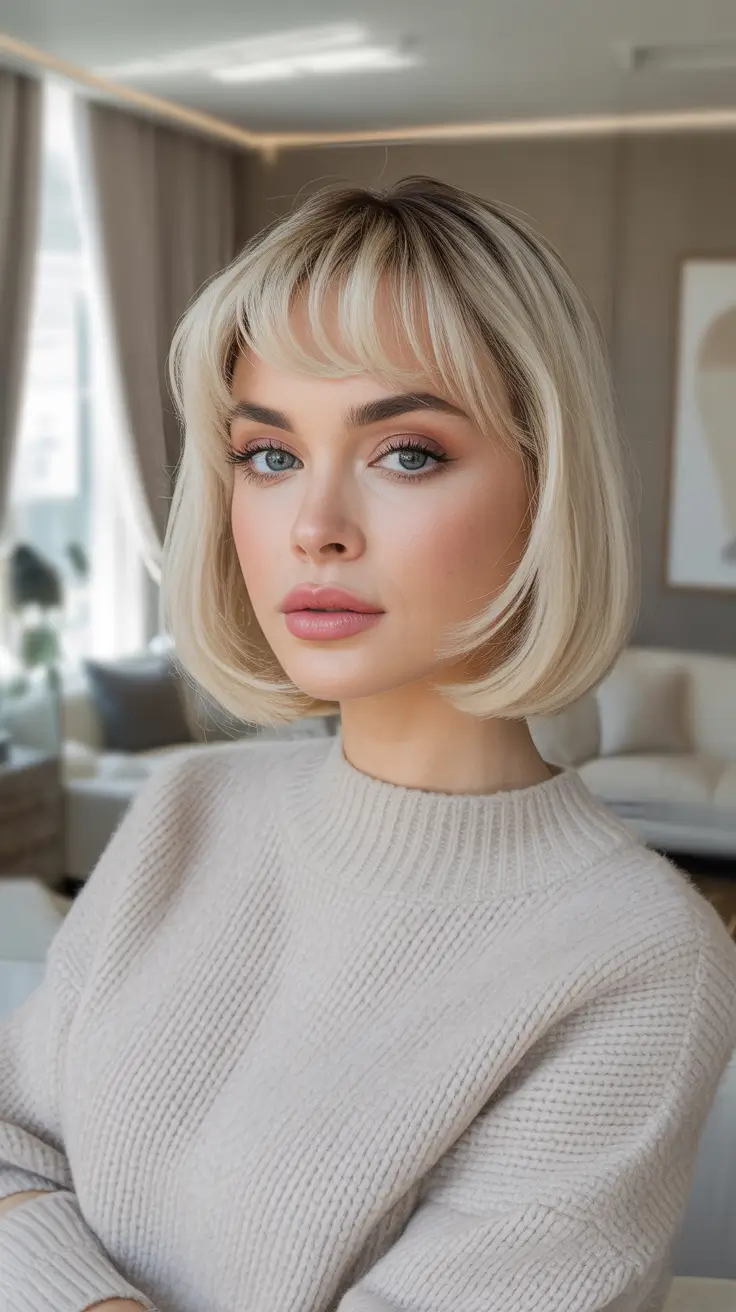 February Haircut Ideas 2026 - Blunt French Bob With Airy Fringe