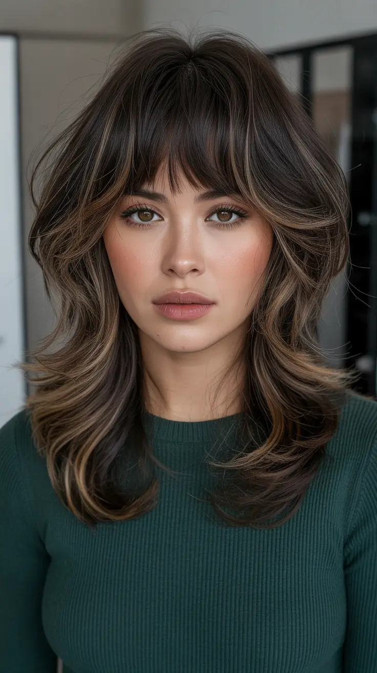 February Haircut Ideas 2026 - Smoky Layered Shag With Soft Curtain Bangs