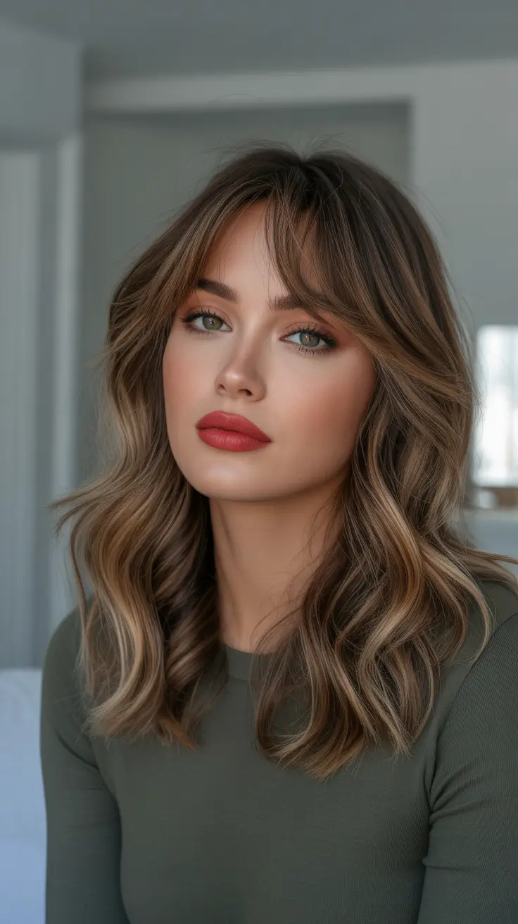 February Haircut Ideas 2026 - Shaggy Mid Length Waves With Curtain Bangs