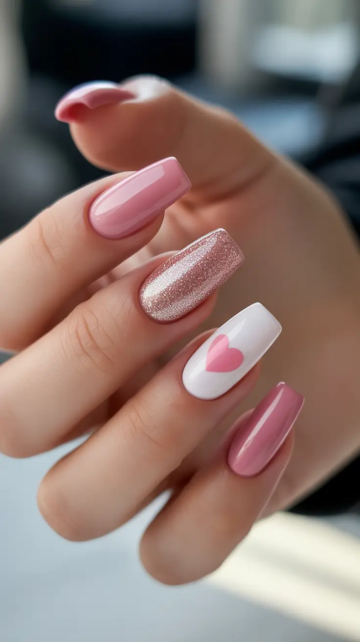 February nails designs 2026 - Soft Pink Coffin With Glitter And Heart Accent
