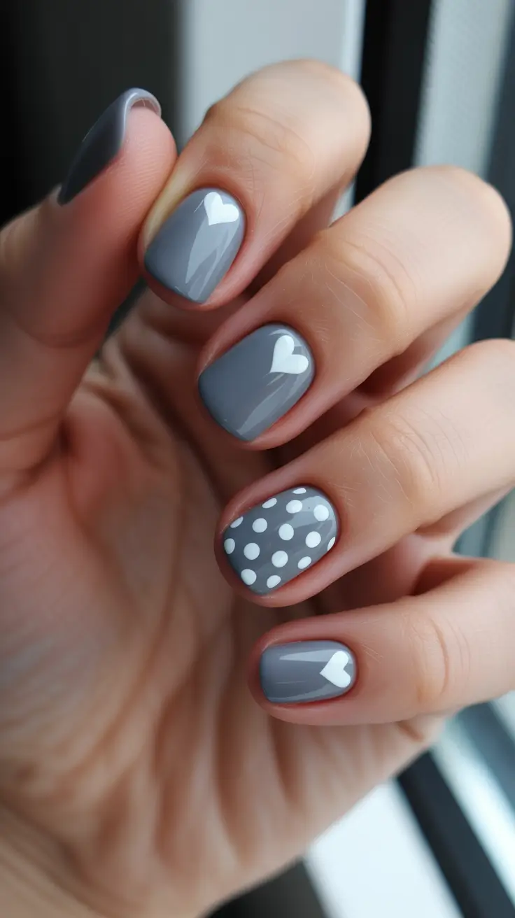 February nails designs 2026 - Stormy Gray Short Nails With Minimal Hearts