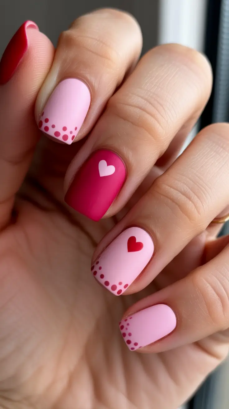February nails designs 2026 - Pink Matte Hearts With Dotted French Edge