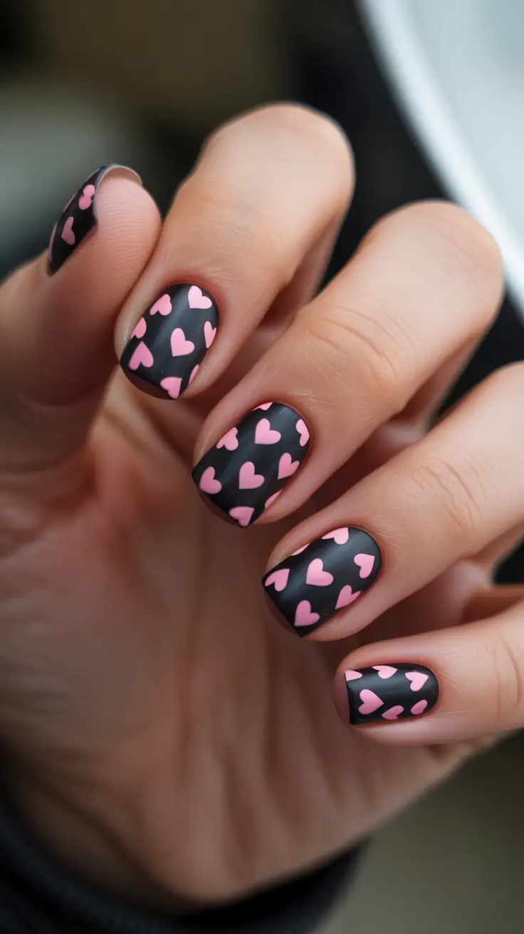 February nails designs 2026 - Matte Black With Pink Heart Print For A Bold Valentine Twist