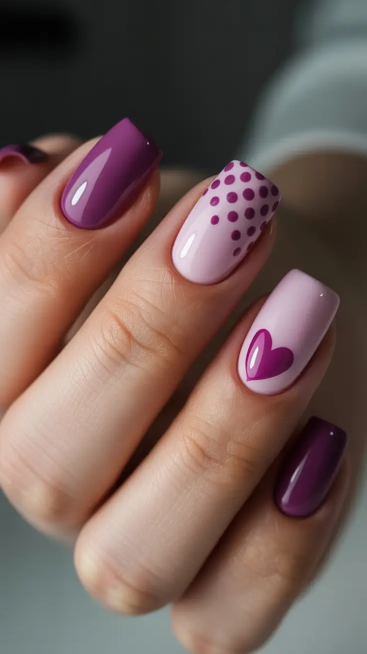 February nails designs 2026 - Purple And Lilac Mix With Heart And Polka Accent
